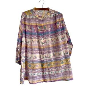 Florablanca Semi Sheer Floral Striped 3/4 Sleeve Button Down Top Size Large
